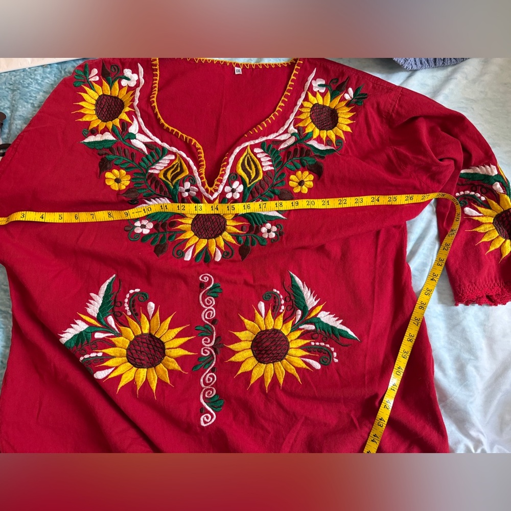 Women’s Sunflower Embroidered Red Long Sleeve Tunic Top - Picture 7 of 10